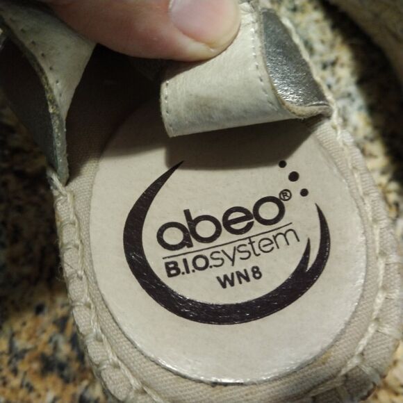 Abeo Sandals Womens 8 Narrow Espadrille Silver Leather Peep Toe Slingback Wedge - Picture 11 of 13